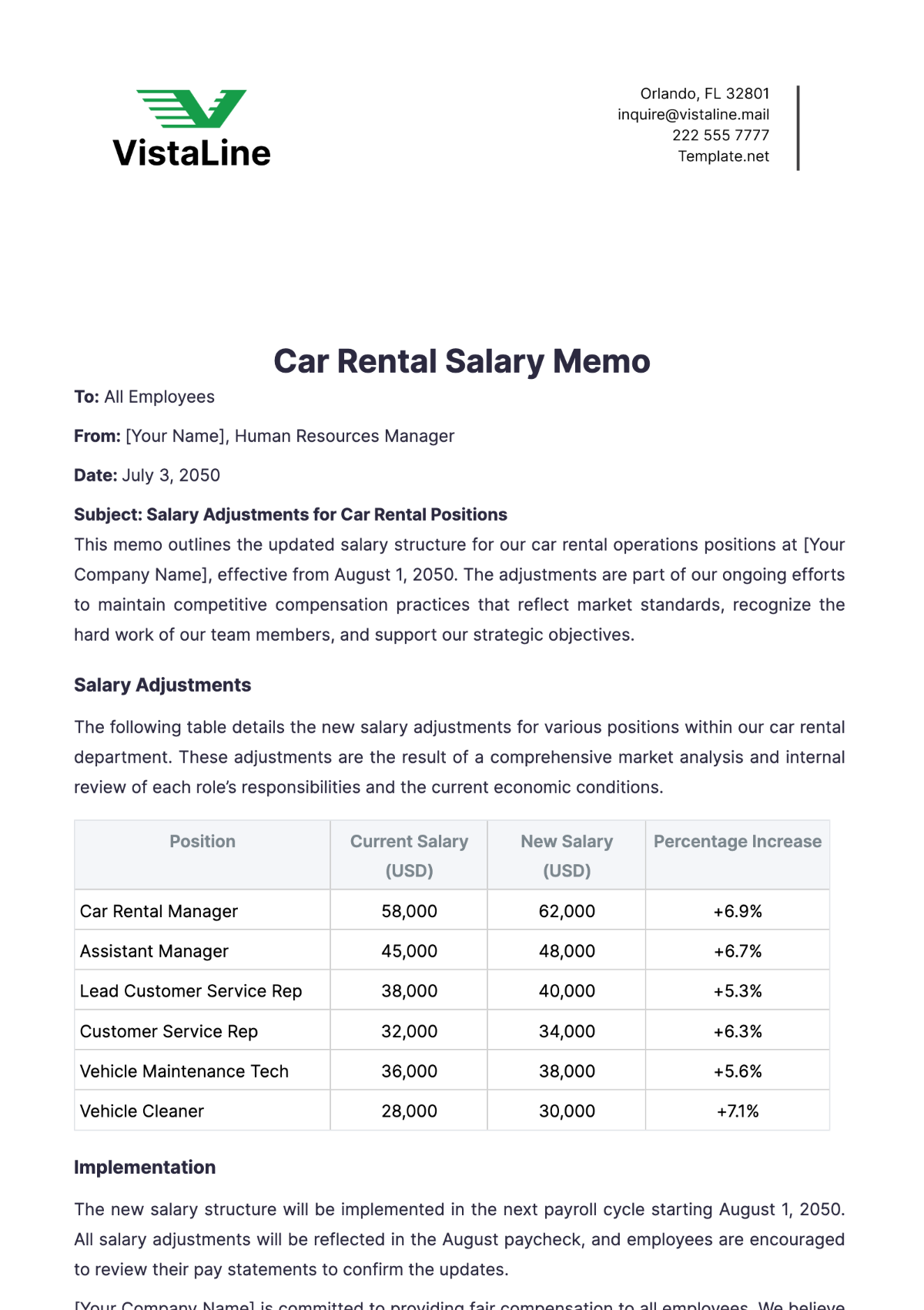 Car Rental Salary Memo Template - Edit Online & Download