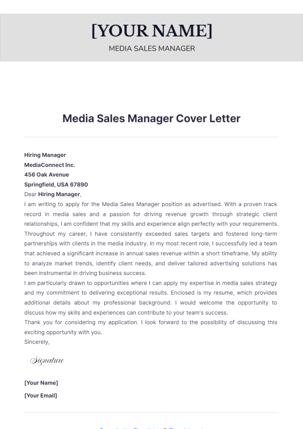 Media Sales Manager Cover Letter - Edit Online & Download