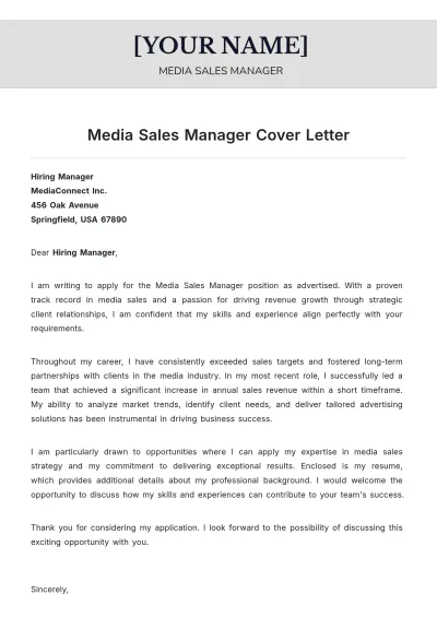 Free Media Sales Manager Cover Letter to Edit Online