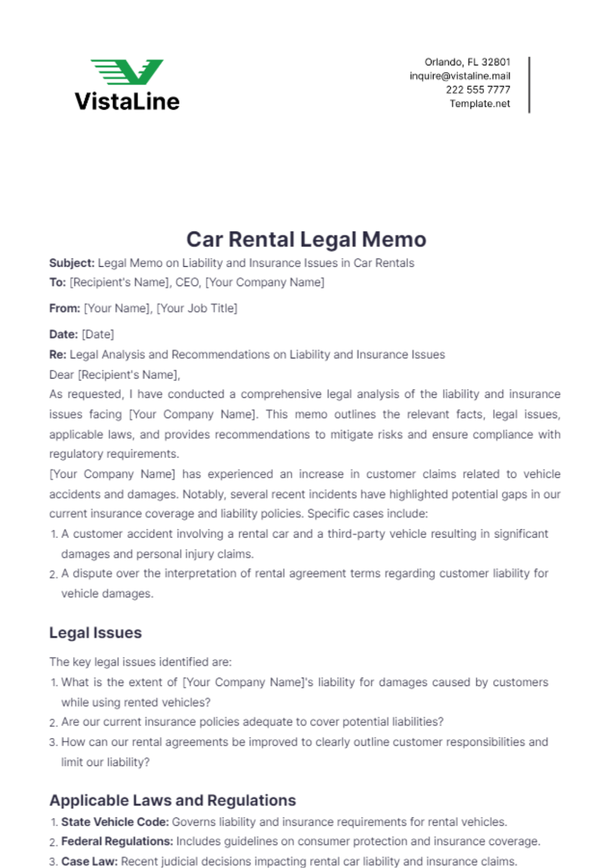 Car Rental Legal Memo Template - Edit Online & Download