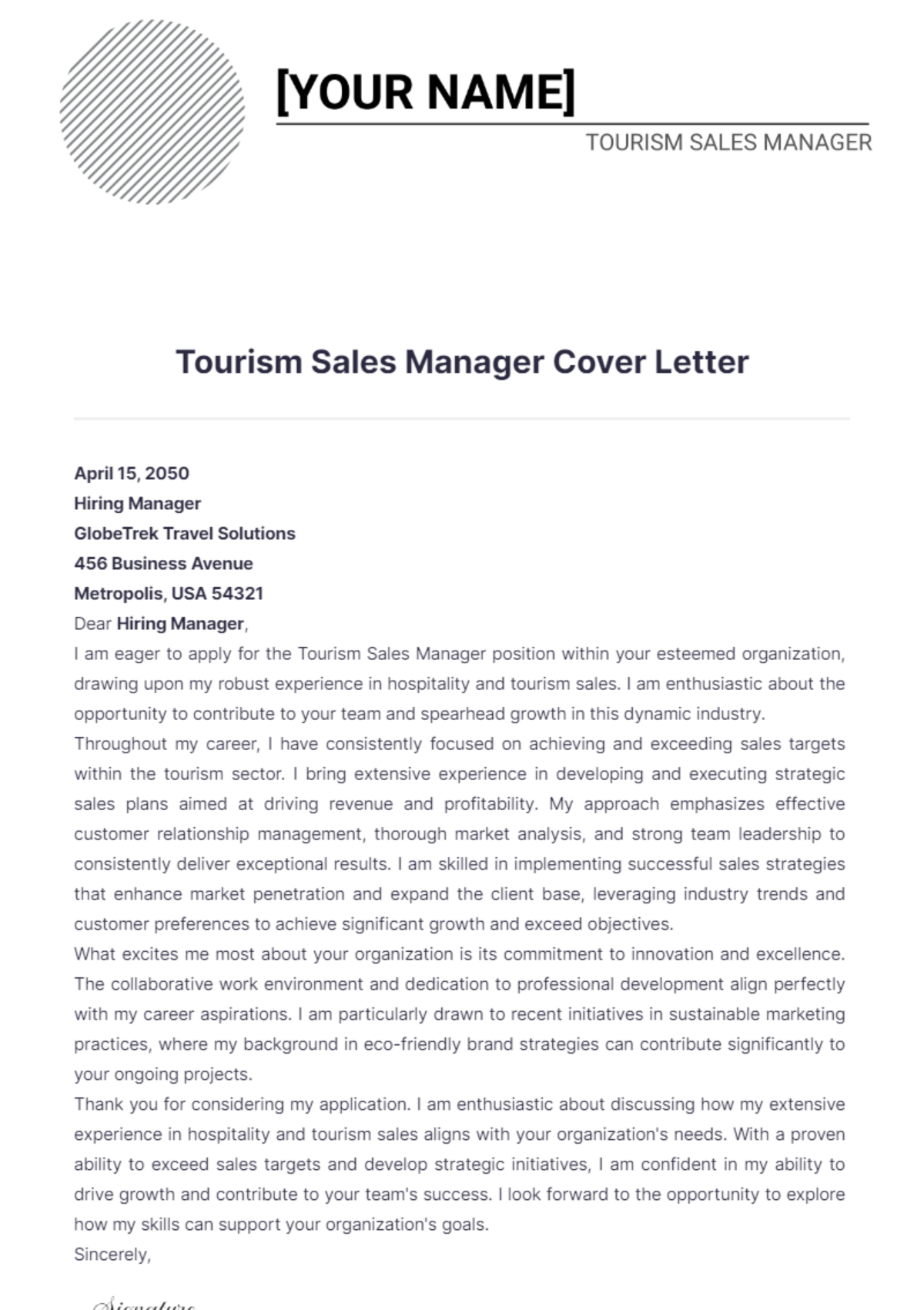 Tourism Sales Manager Cover Letter - Edit Online & Download