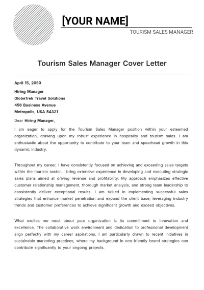 Free Tourism Sales Manager Cover Letter to Edit Online