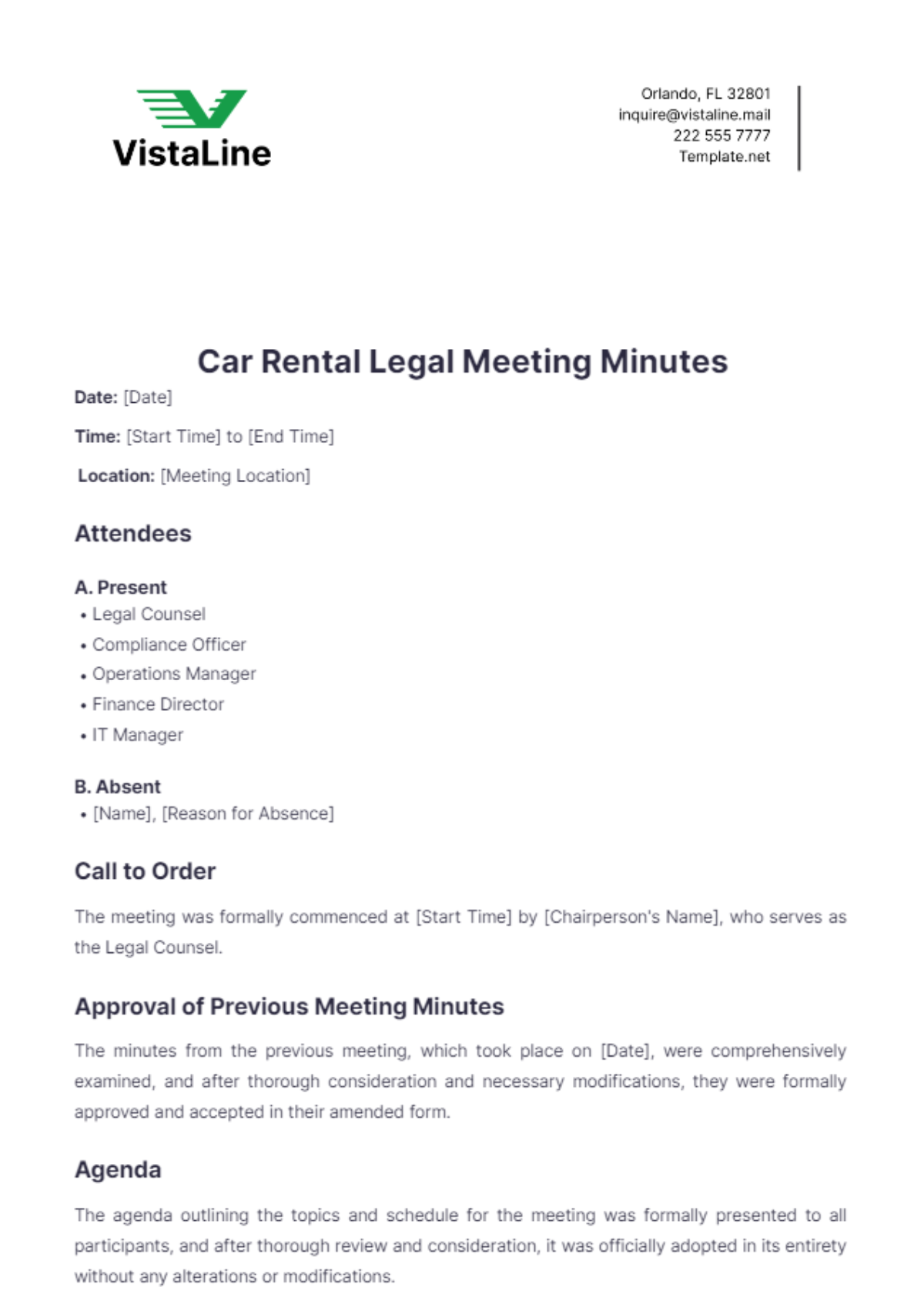 Car Rental Legal Meeting Minutes Template