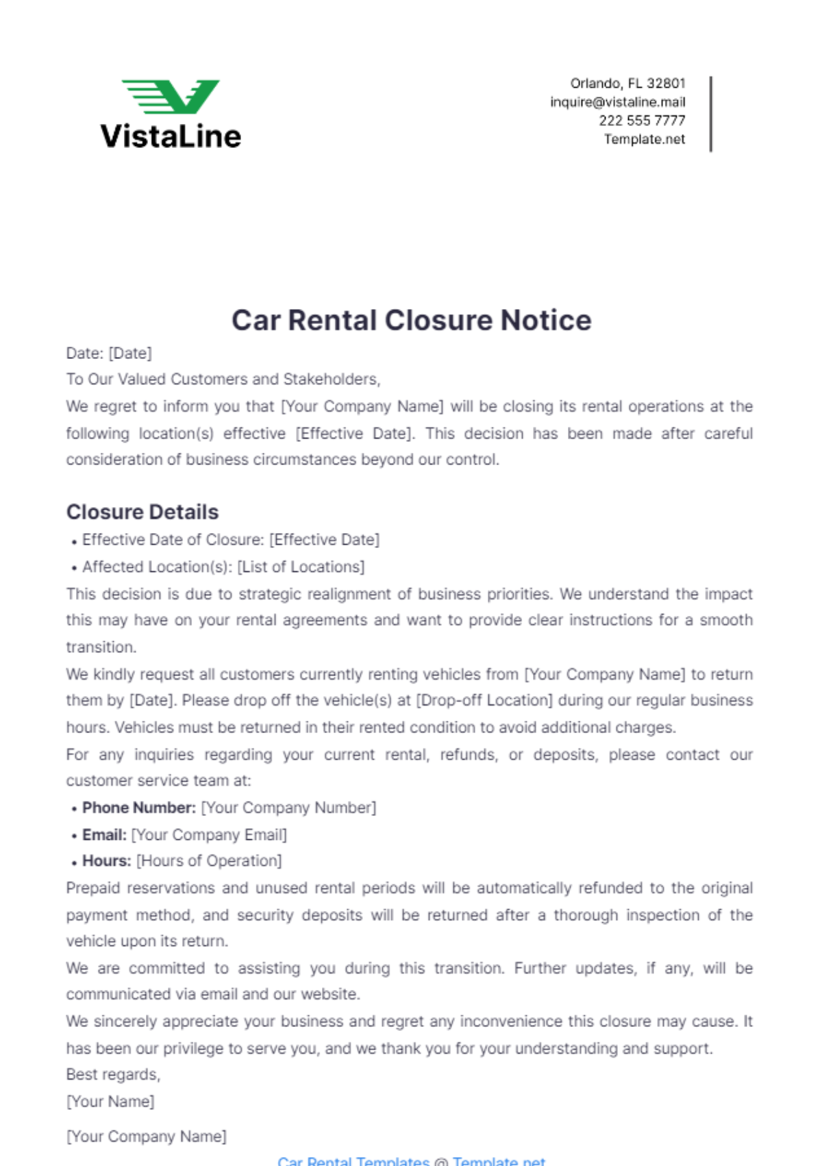 Car Rental Closure Notice Template - Edit Online & Download