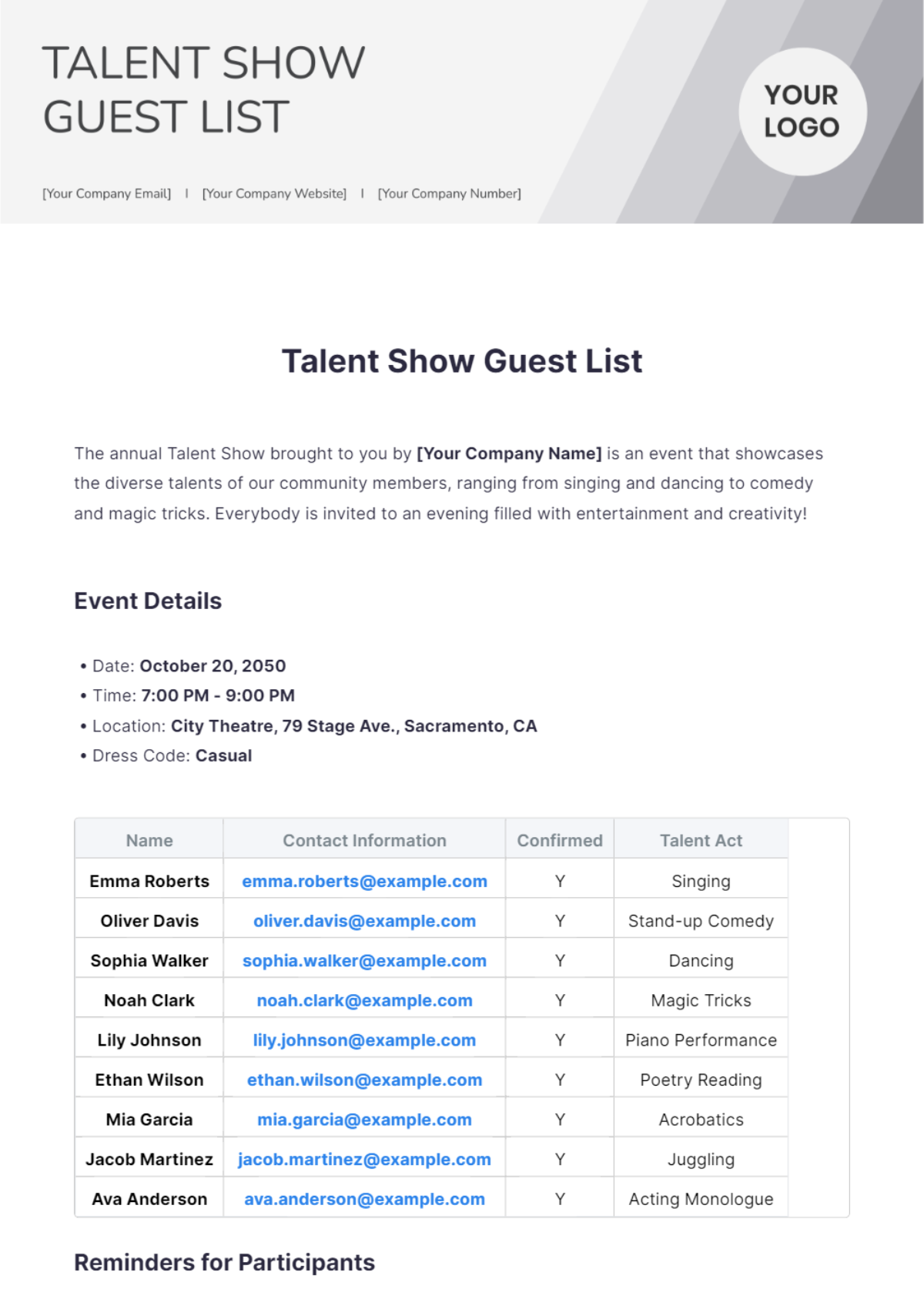 Talent Show Guest List Template - Edit Online & Download