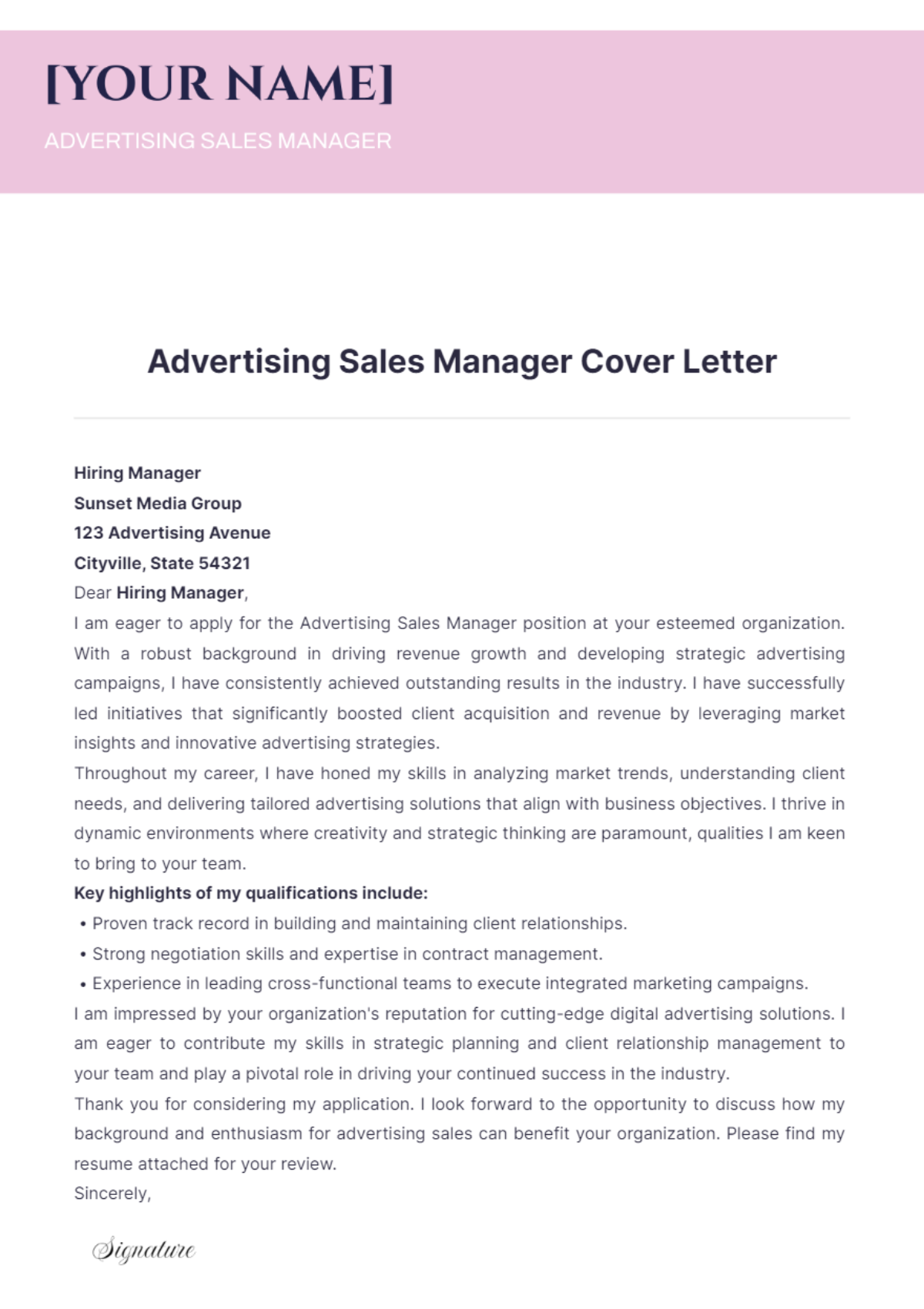 Advertising Sales Manager Cover Letter - Edit Online & Download