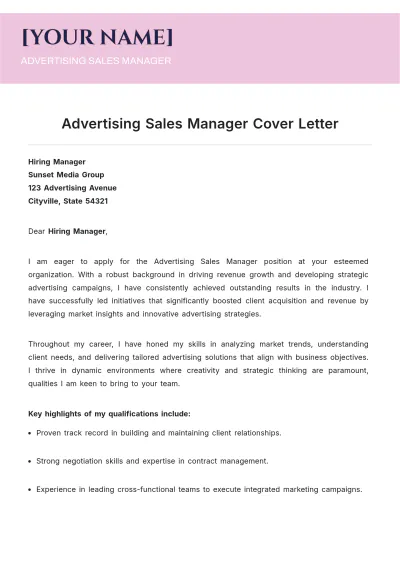 Free Advertising Sales Manager Cover Letter to Edit Online