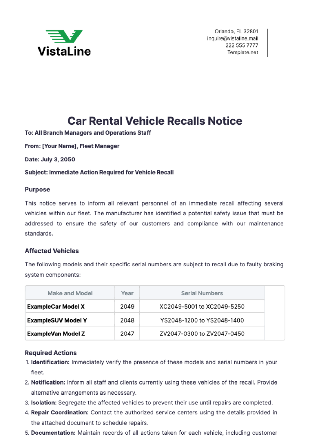 Car Rental Vehicle Recalls Notice Template - Edit Online & Download