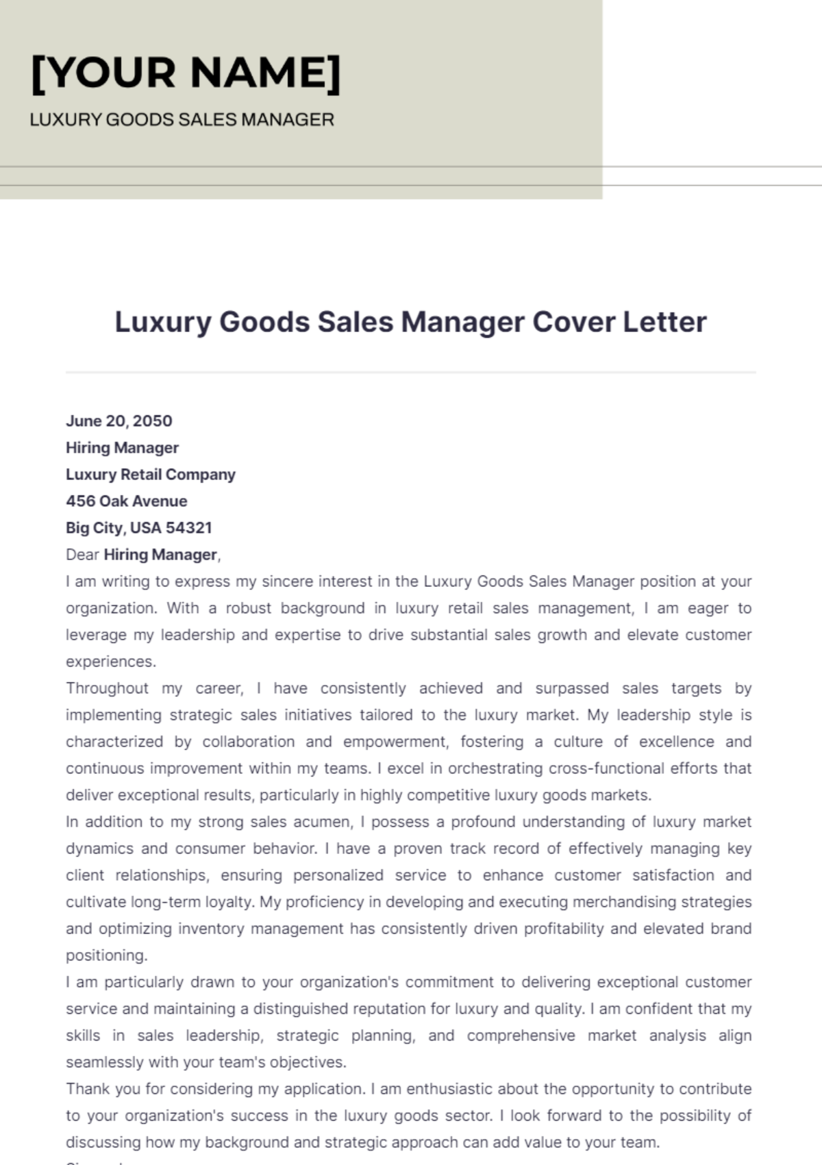 Luxury Goods Sales Manager Cover Letter