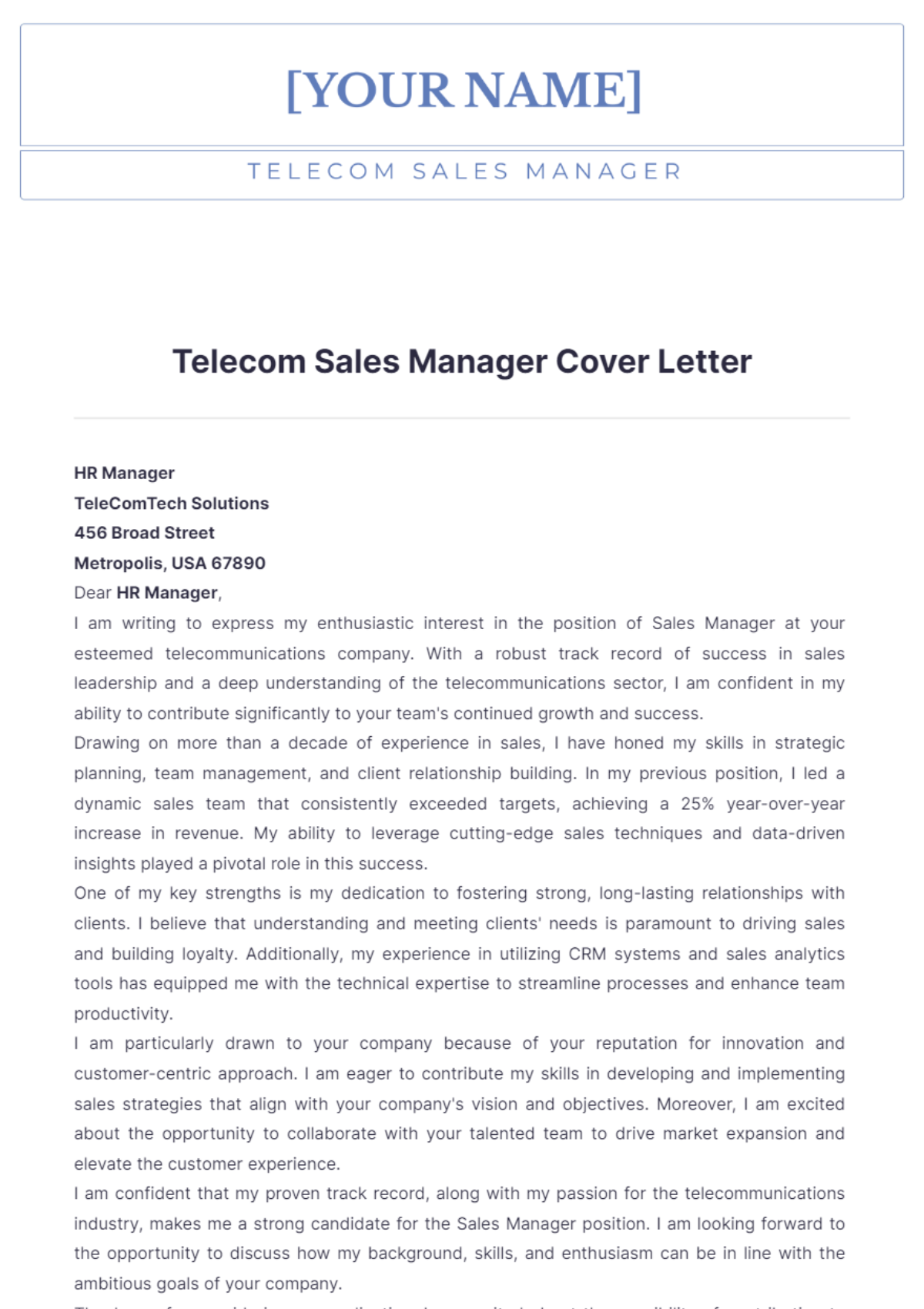 Telecom Sales Manager Cover Letter