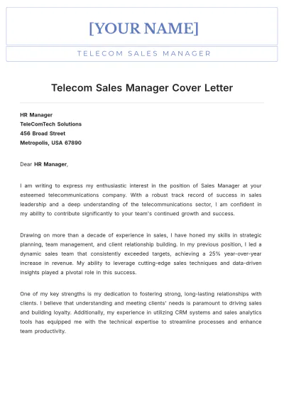 Free Telecom Sales Manager Cover Letter to Edit Online
