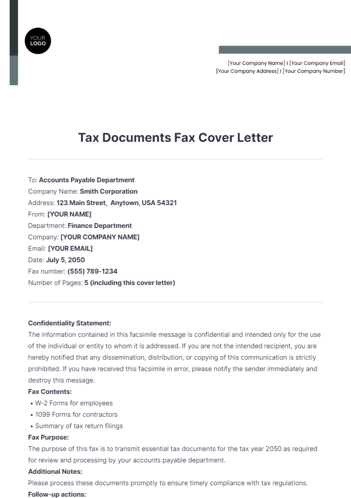 Tax Documents Fax Cover Letter - Edit Online & Download