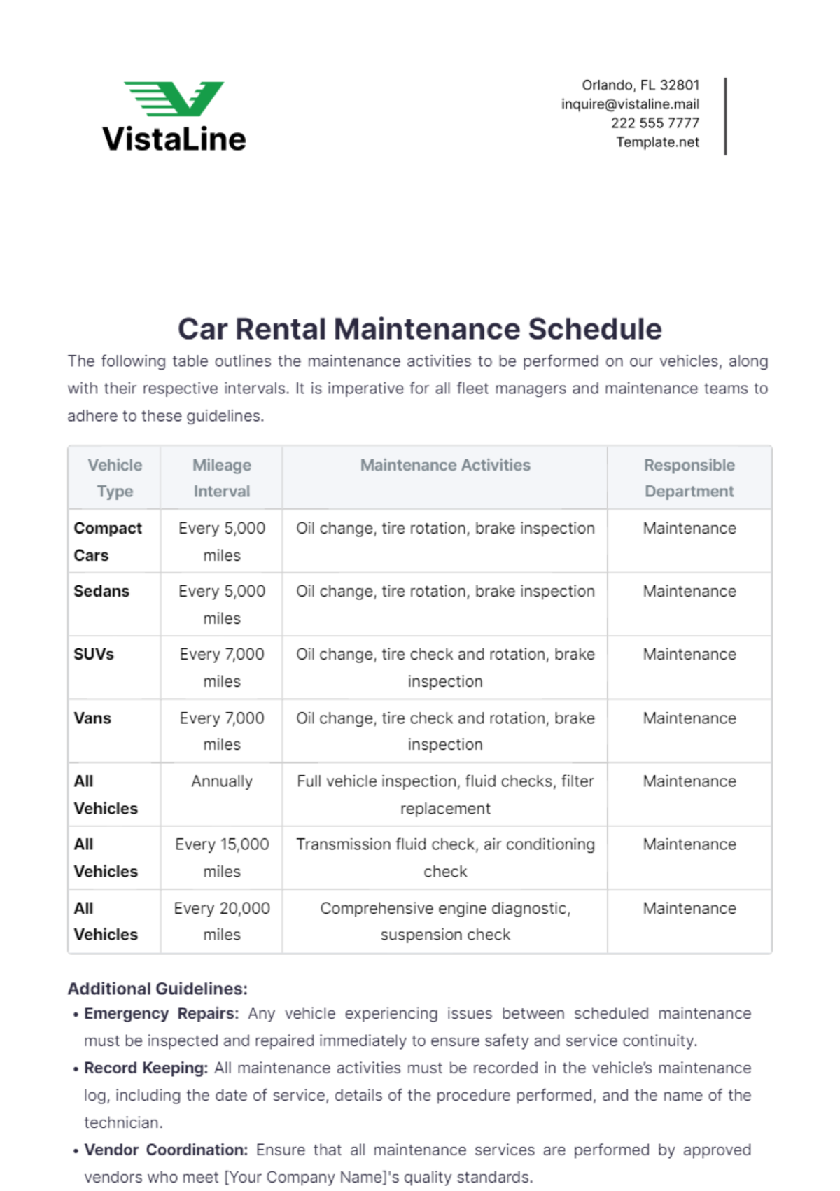 Car Rental Maintenance Schedule Template - Edit Online & Download