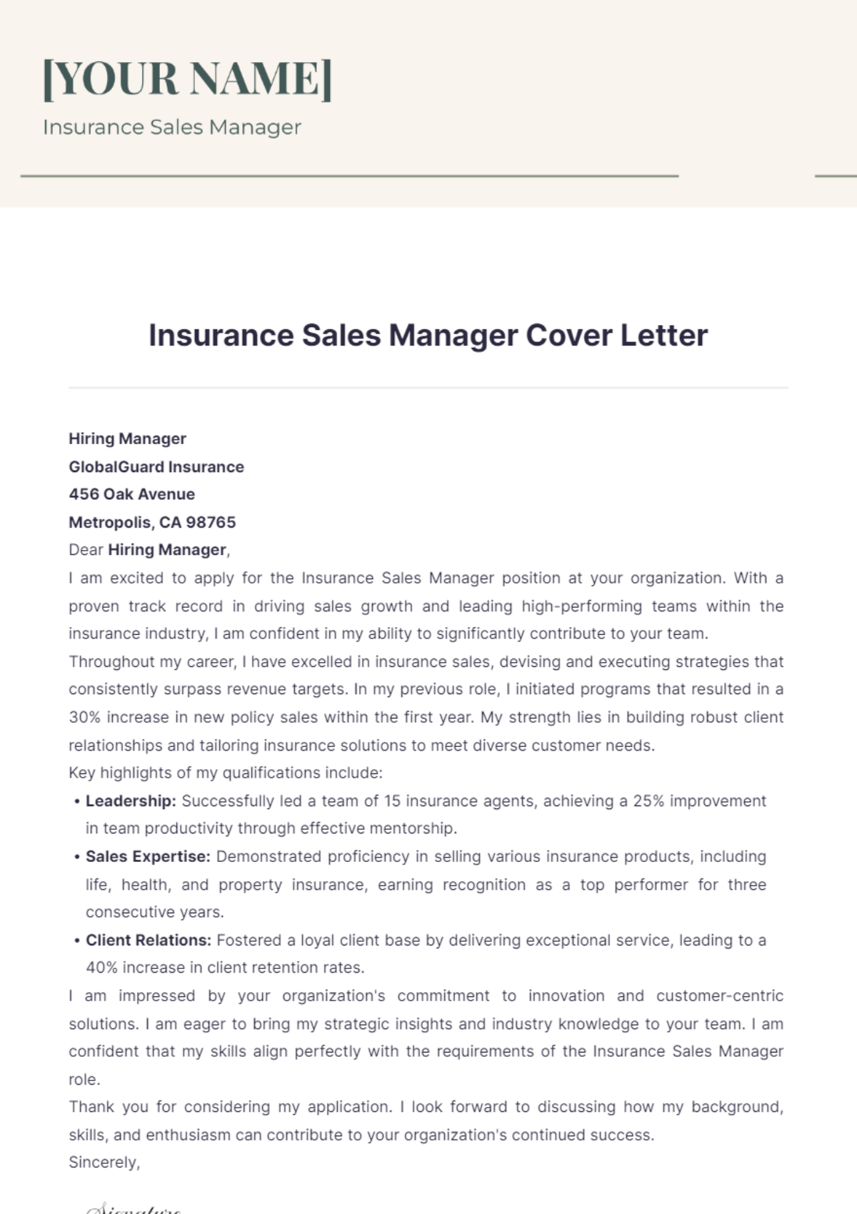 Insurance Sales Manager Cover Letter