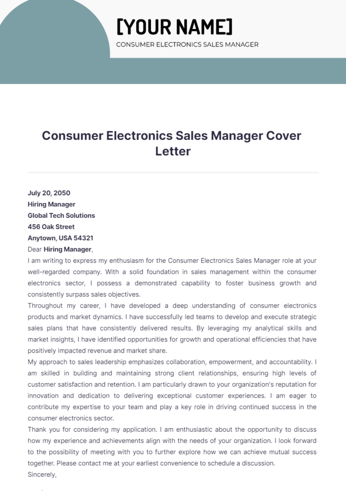 Consumer Electronics Sales Manager Cover Letter