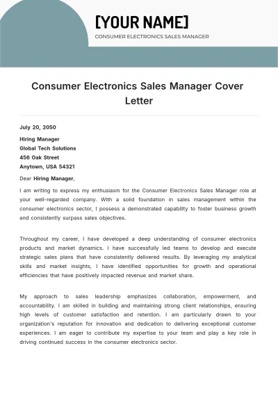 Free Consumer Electronics Sales Manager Cover Letter to Edit Online