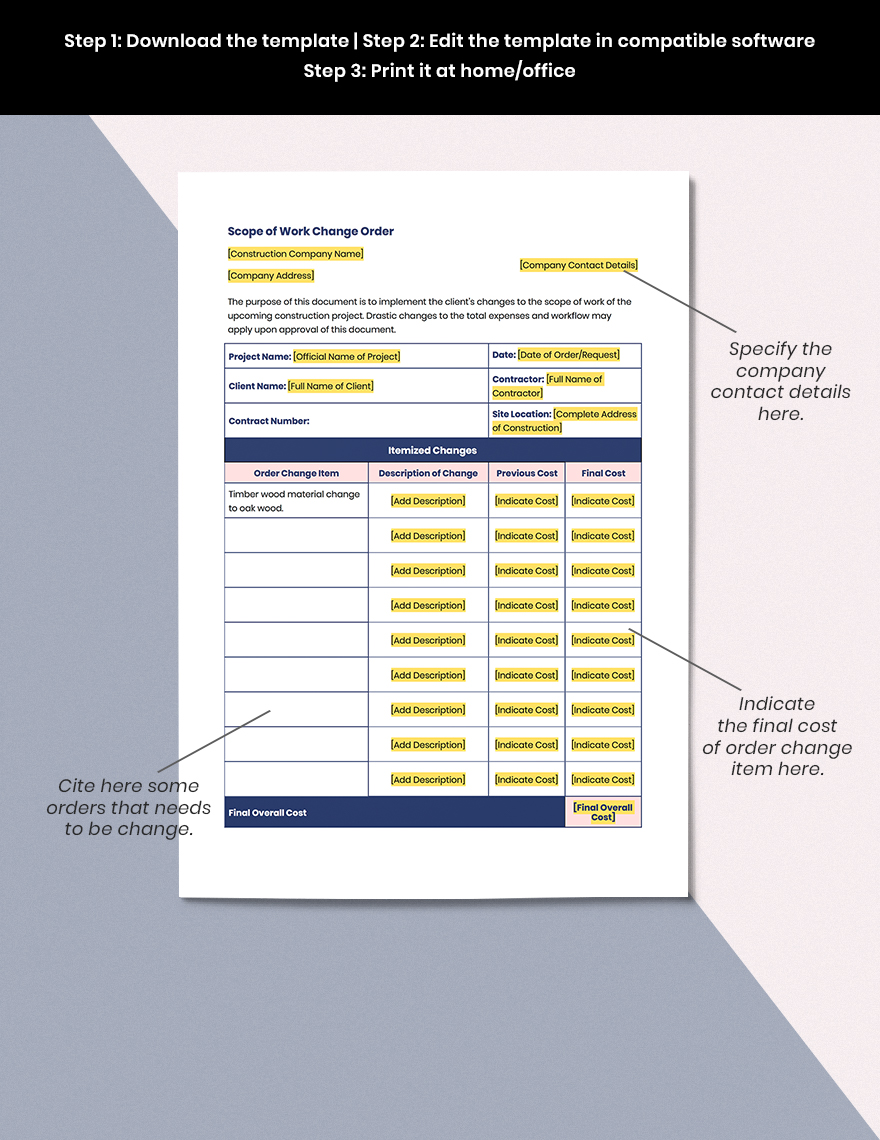 Construction Scope of Work Change Order Template
