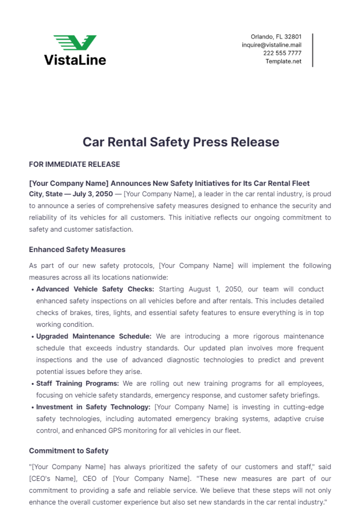 Car Rental Safety Press Release Template - Edit Online & Download