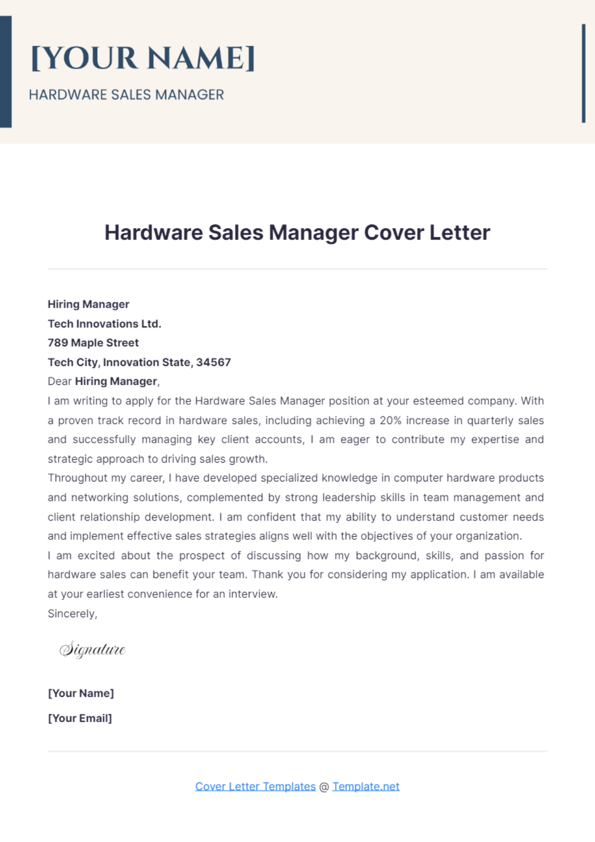 Hardware Sales Manager Cover Letter - Edit Online & Download