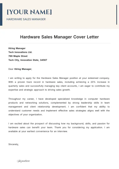 Free Hardware Sales Manager Cover Letter to Edit Online