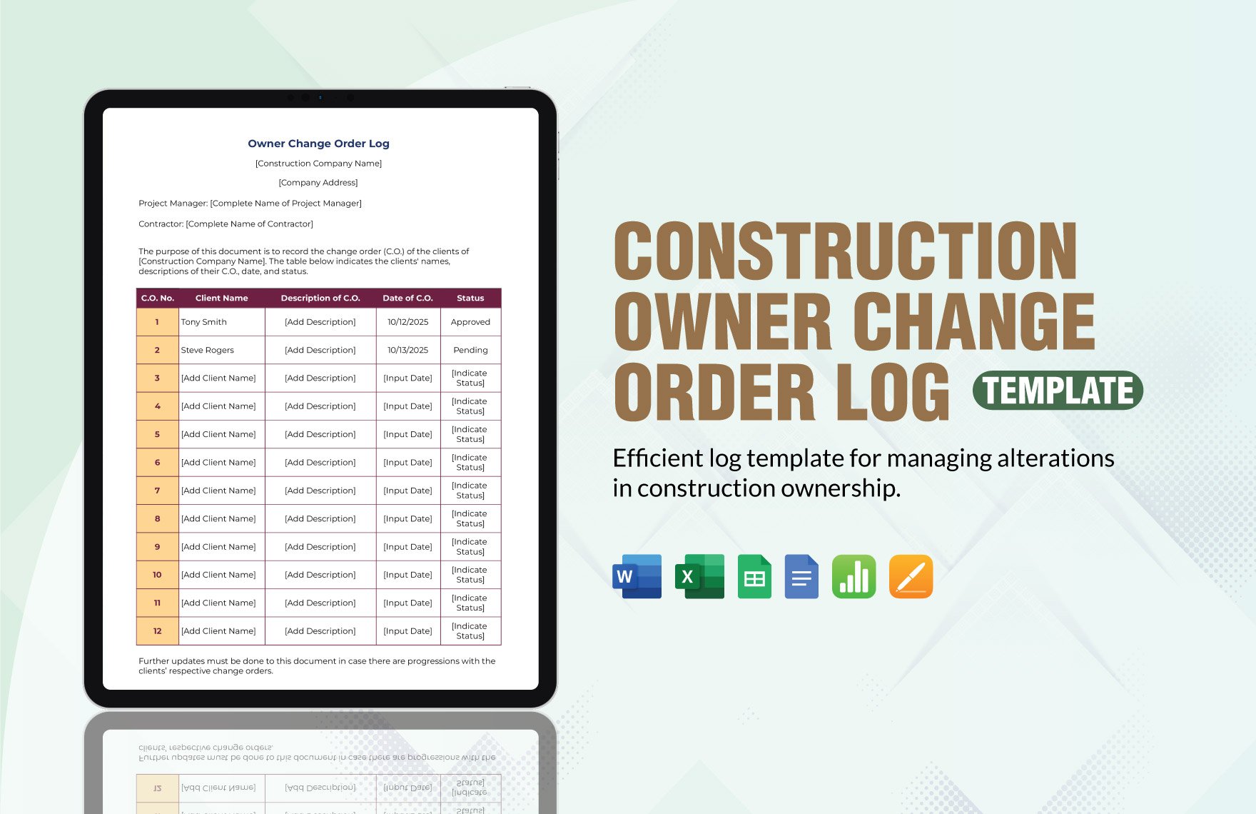 Construction Owner Change Order Log Template in Word, Google Docs, Excel, Google Sheets, Apple Pages, Apple Numbers