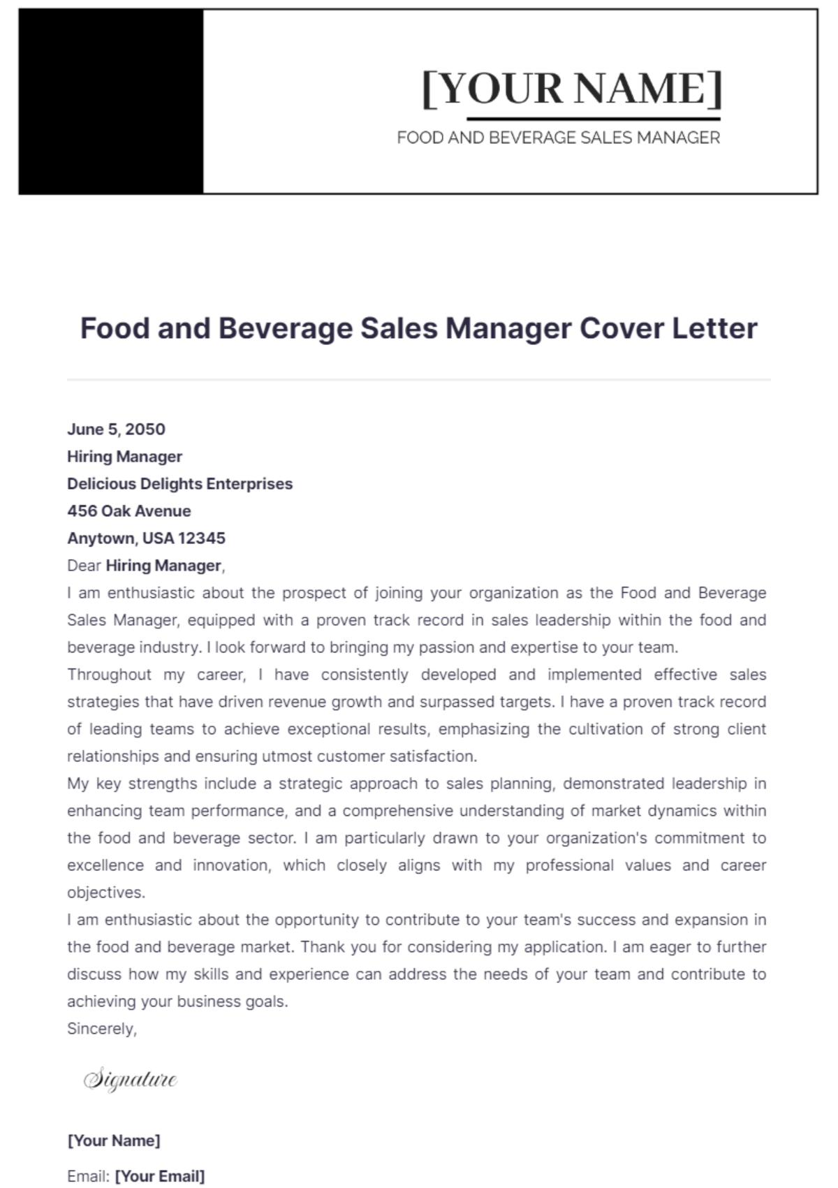 Food And Beverage Sales Manager Cover Letter