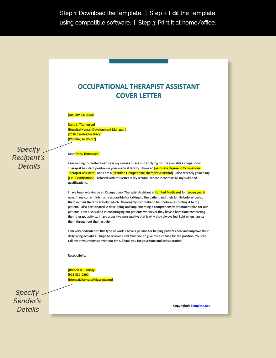 Occupational Therapist Assistant Cover Letter Template
