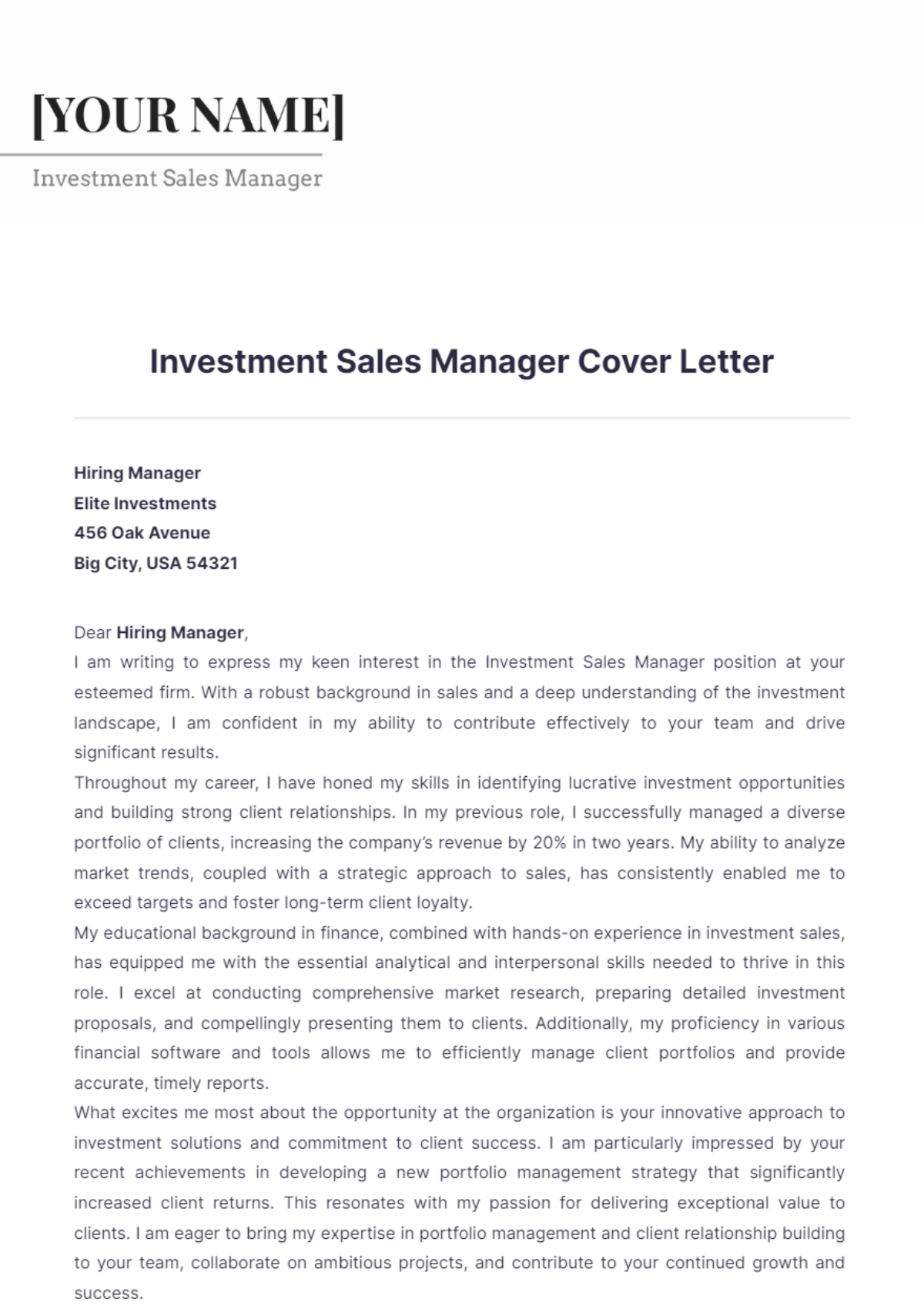 Investment Sales Manager Cover Letter - Edit Online & Download