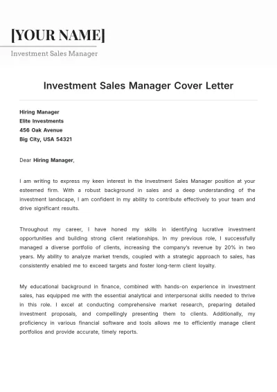 Free Investment Sales Manager Cover Letter to Edit Online