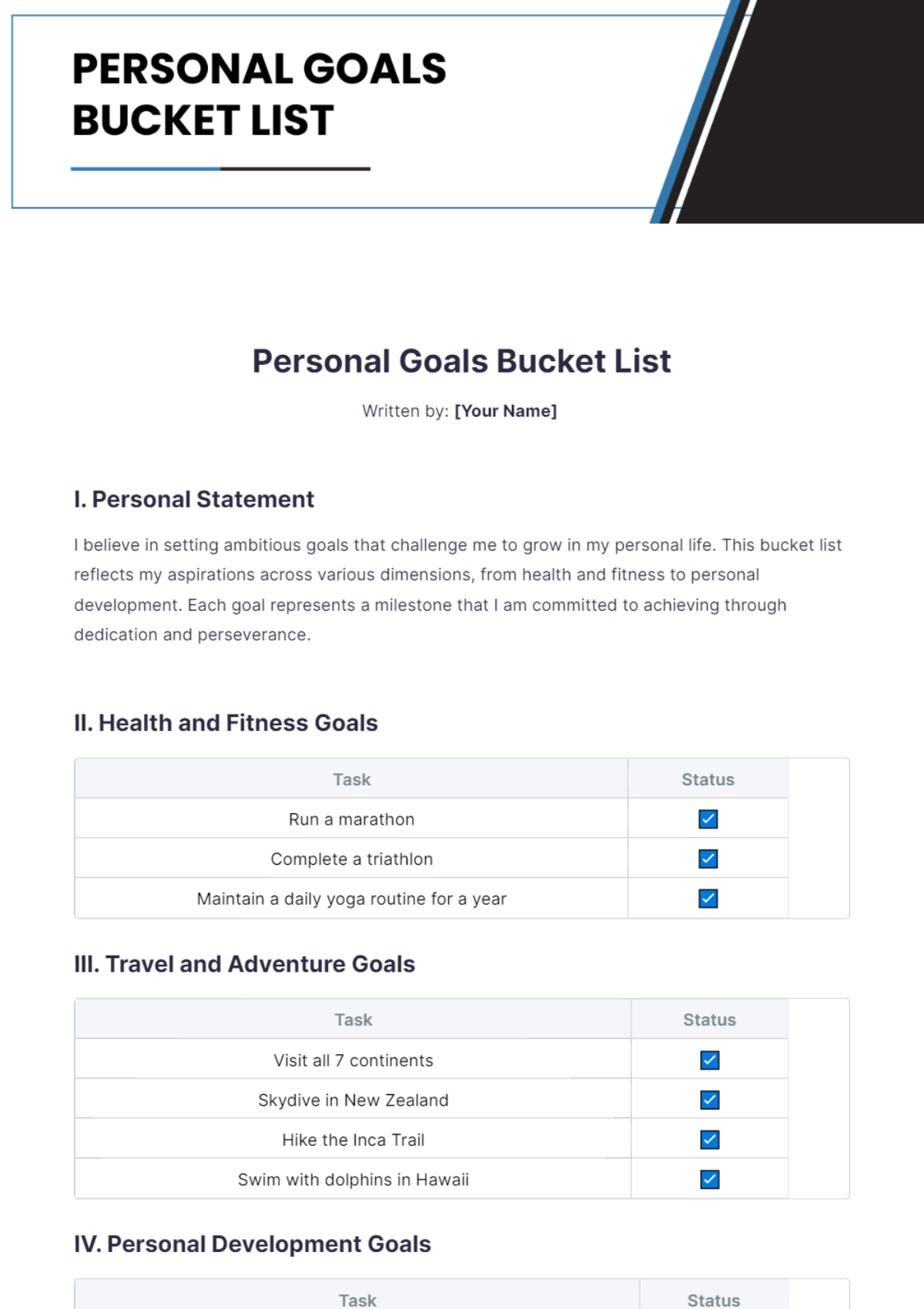 Personal Goals Bucket List Template - Edit Online & Download