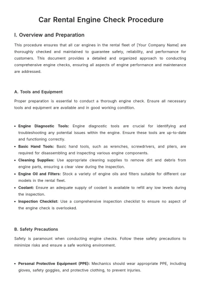 Free Car Rental Engine Check Procedure Template to Edit Online