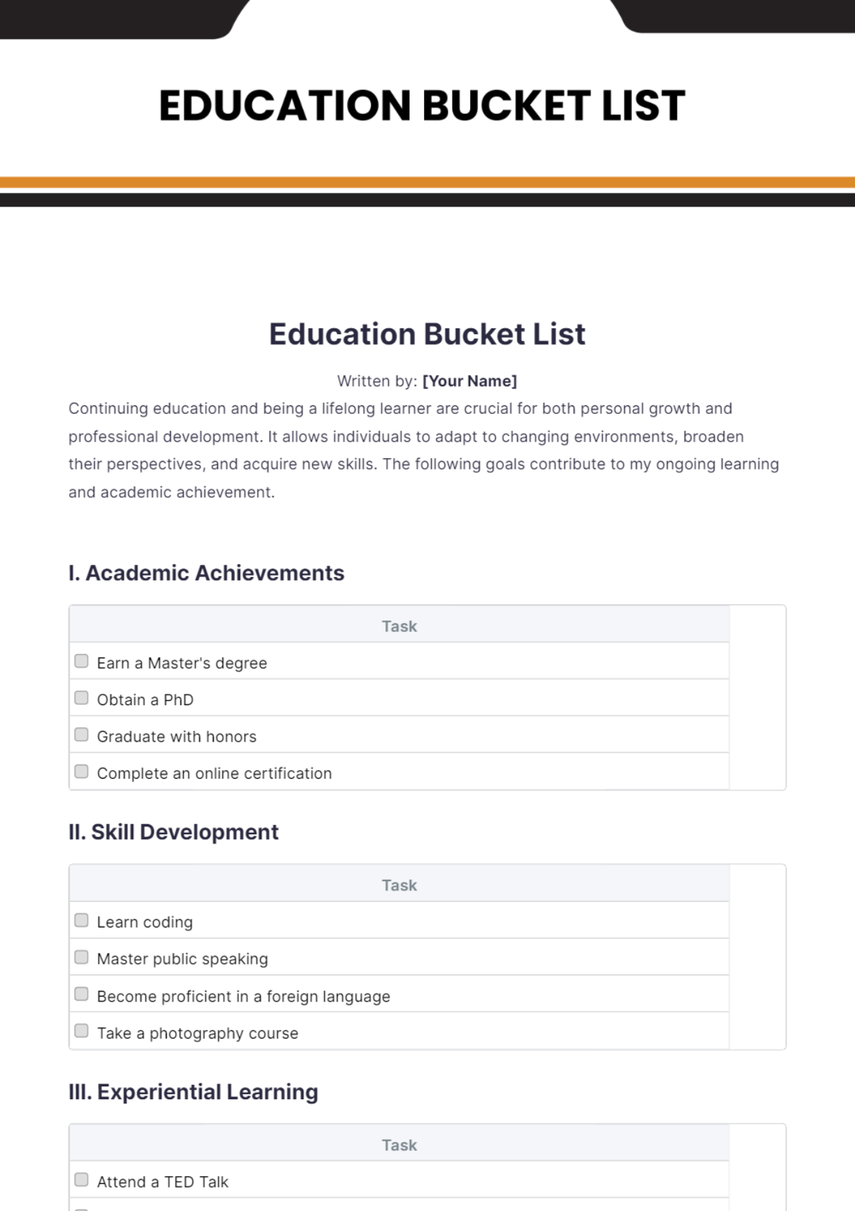 Education Bucket List Template - Edit Online & Download