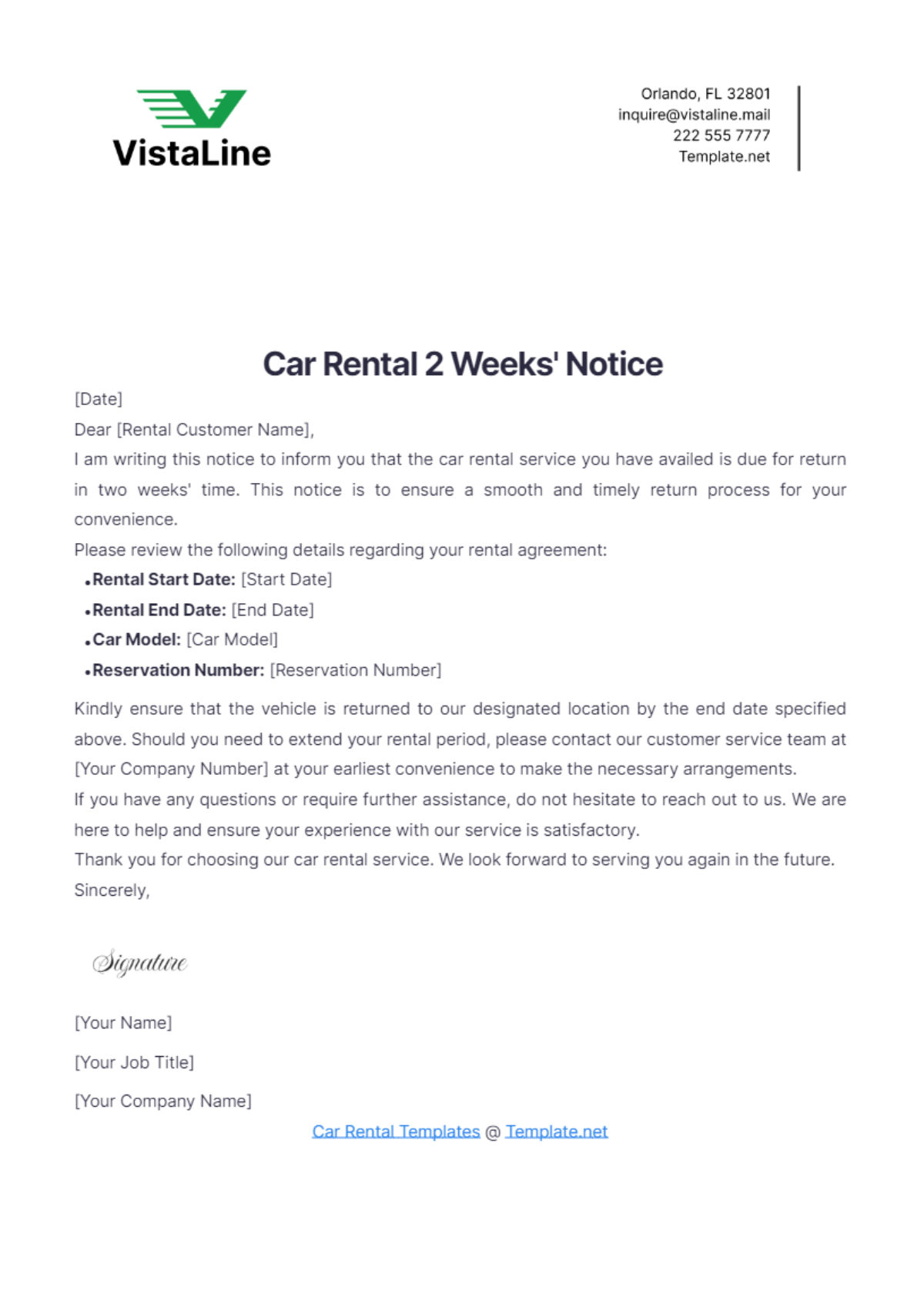 Car Rental 2 Weeks' Notice Template