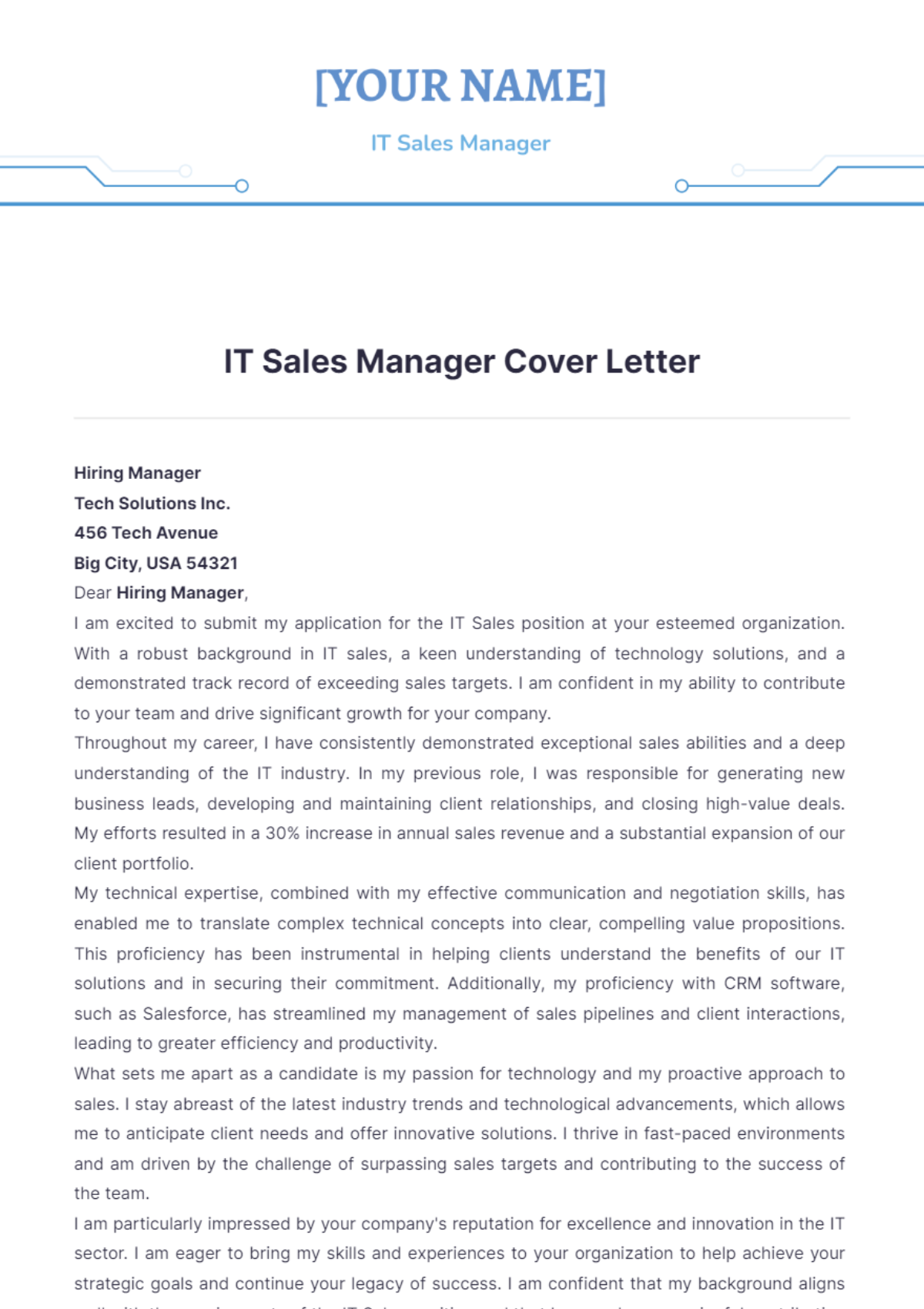 IT Sales Manager Cover Letter