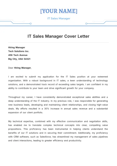 Free IT Sales Manager Cover Letter to Edit Online