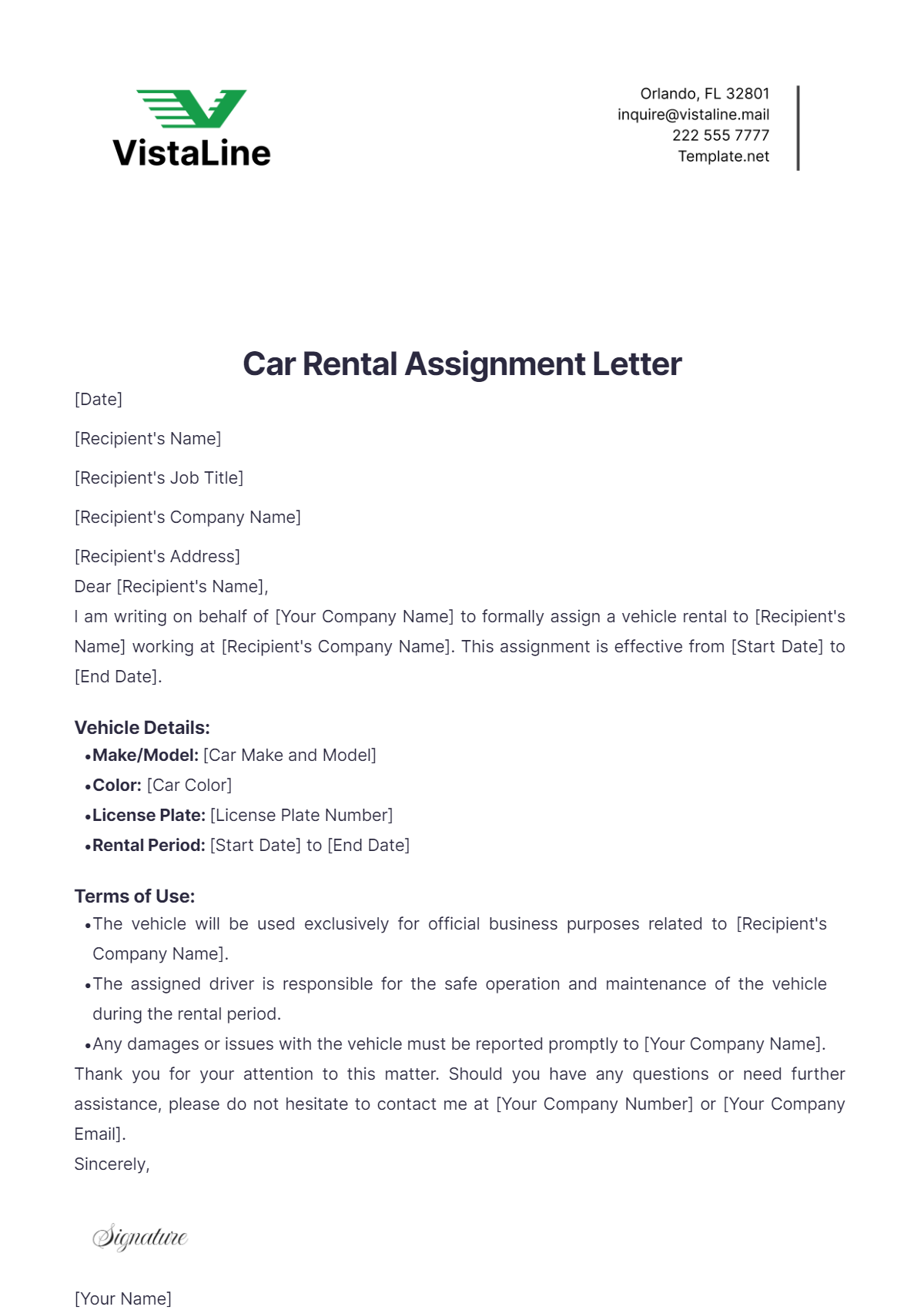 letter of assignment car template