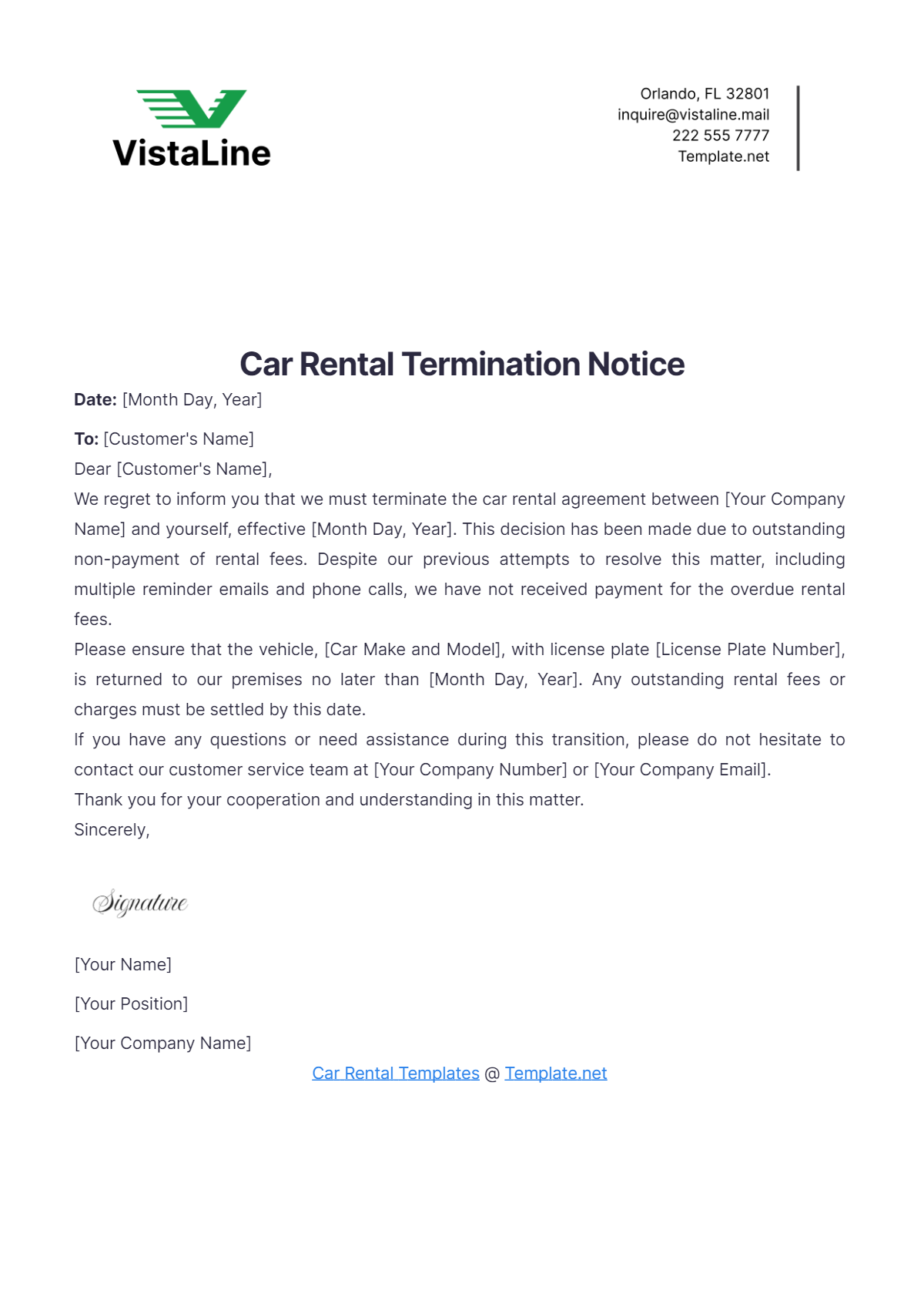 Car Rental Termination Notice Template