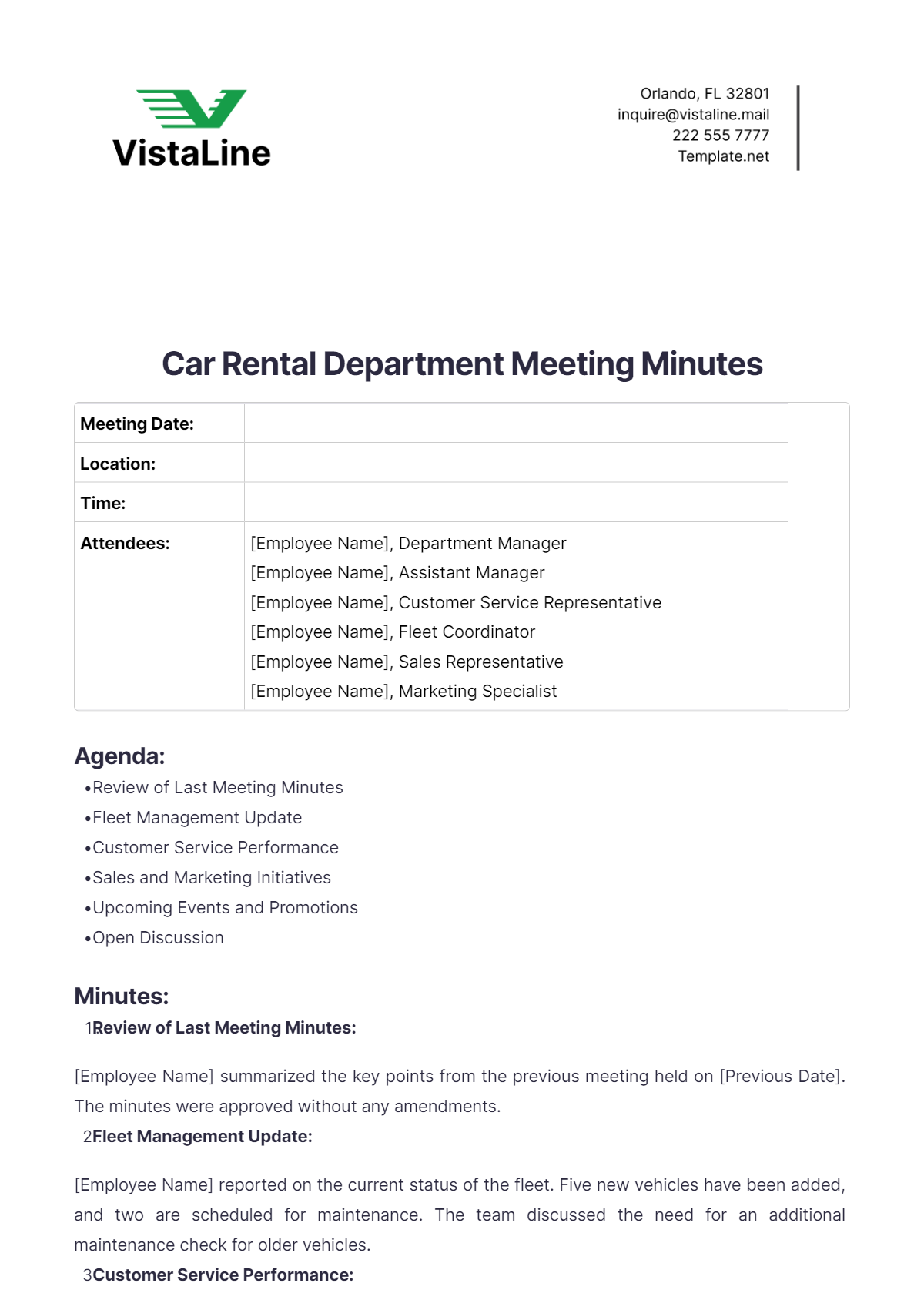 Car Rental Department Meeting Minutes Template - Edit Online & Download