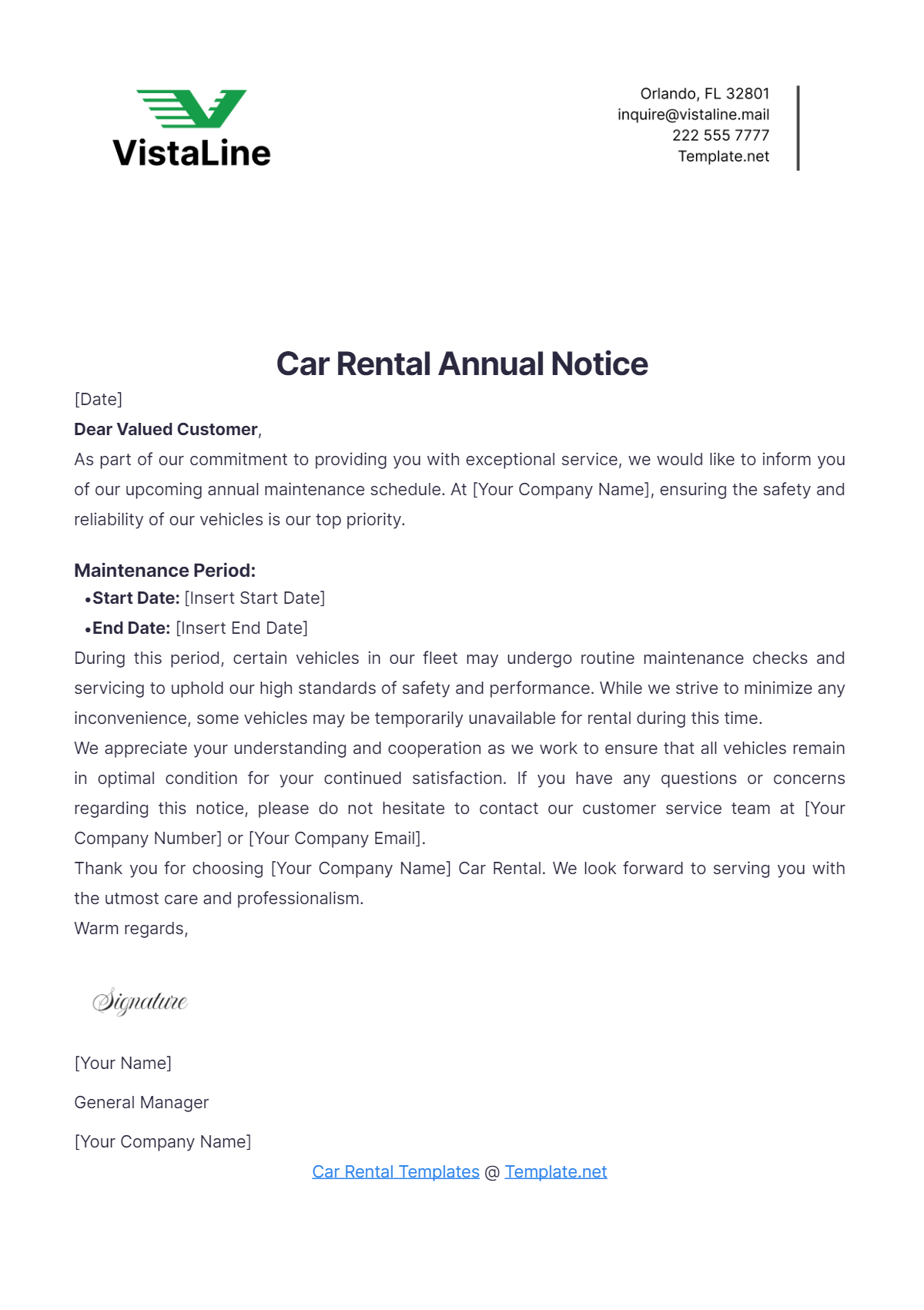 Car Rental Annual Notice Template