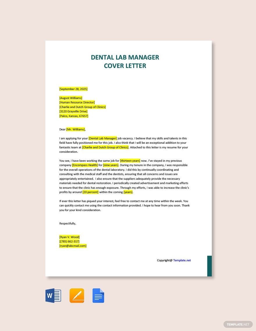 Free Dental Lab Manager Cover Letter Template