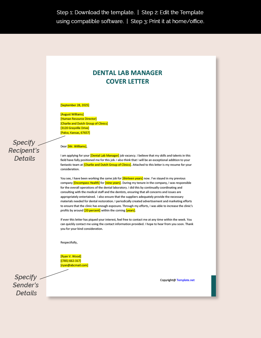 Dental Lab Manager Cover Letter Template