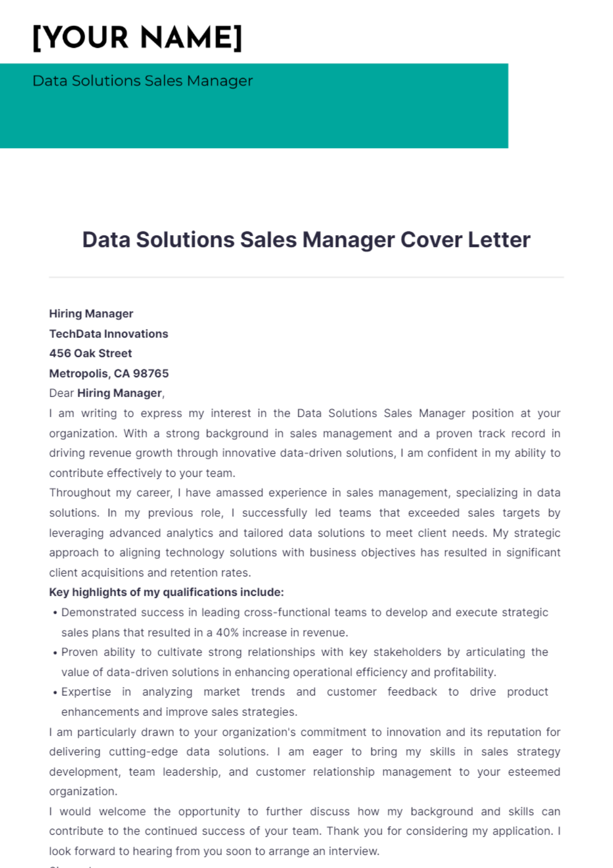 Data Solutions Sales Manager Cover Letter