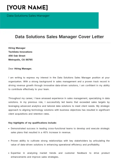 Free Data Solutions Sales Manager Cover Letter to Edit Online
