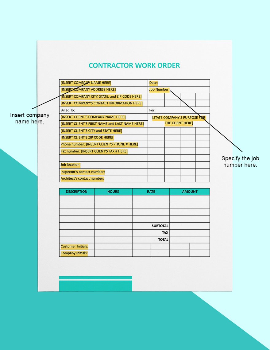 Contractor Work Order Template Download in Word Google Docs Apple