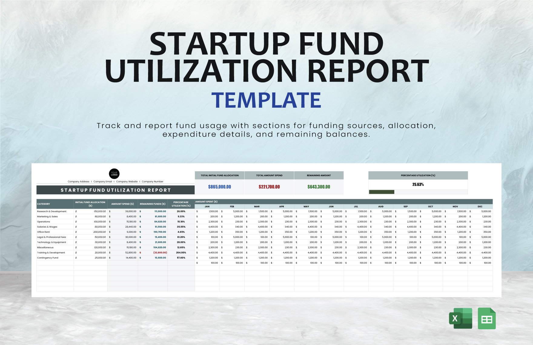 Startup Fund Utilization Report Template in Excel, Google Sheets