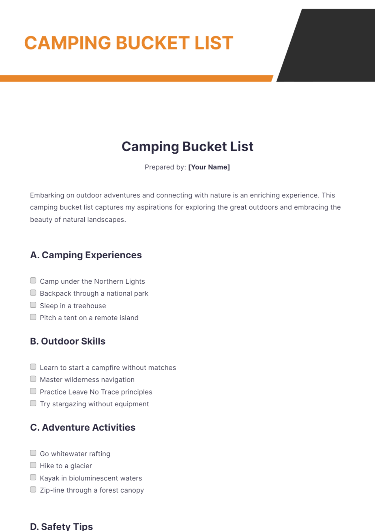 Camping Bucket List Template