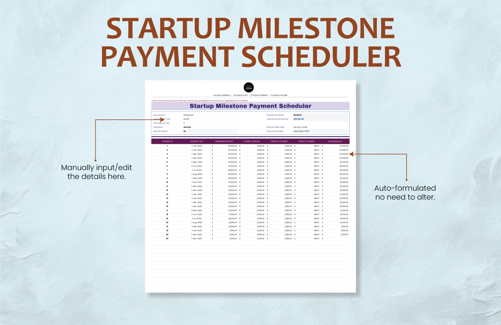 Startup Milestone Payment Scheduler Template