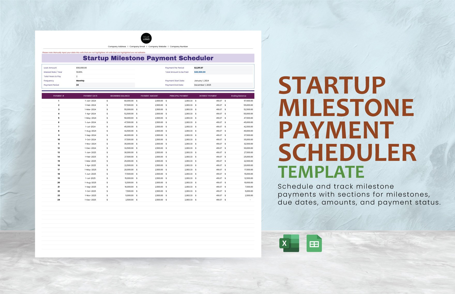 Startup Milestone Payment Scheduler Template in Excel, Google Sheets