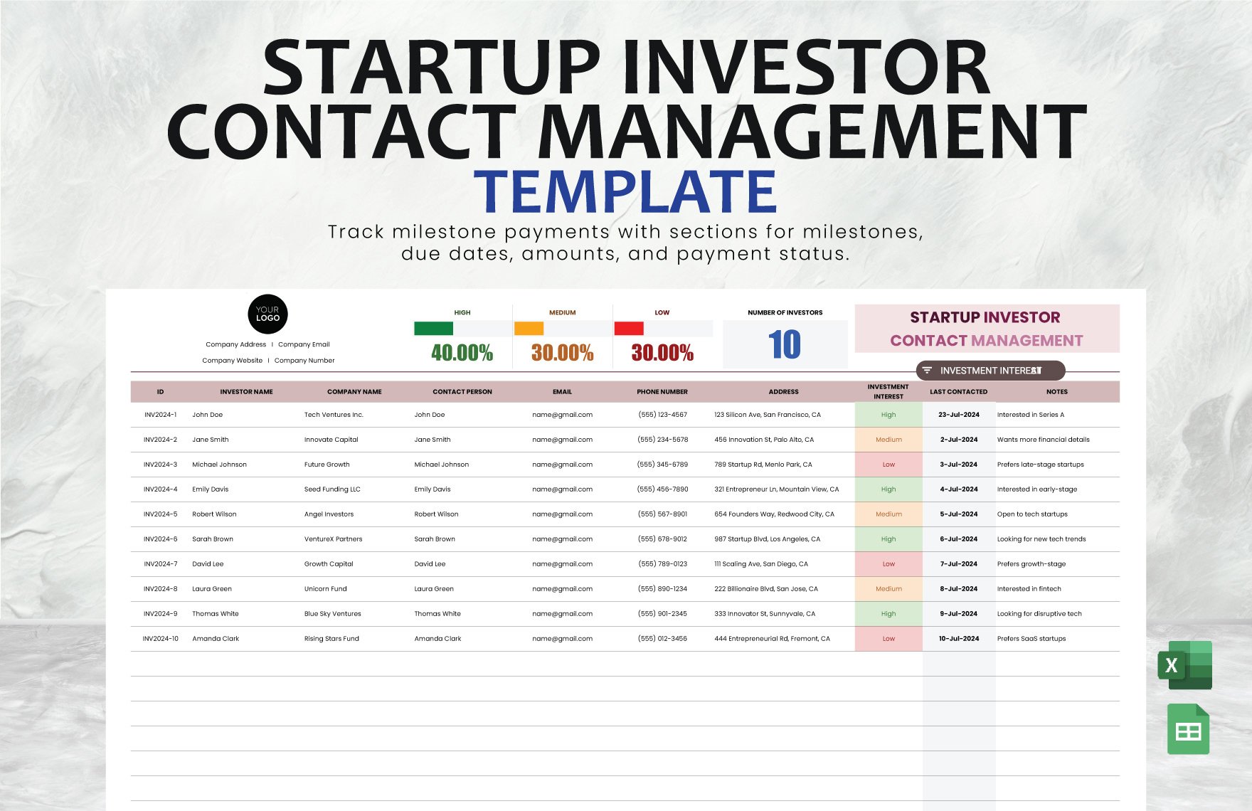 Startup Investor Contact Management Template in Excel, Google Sheets