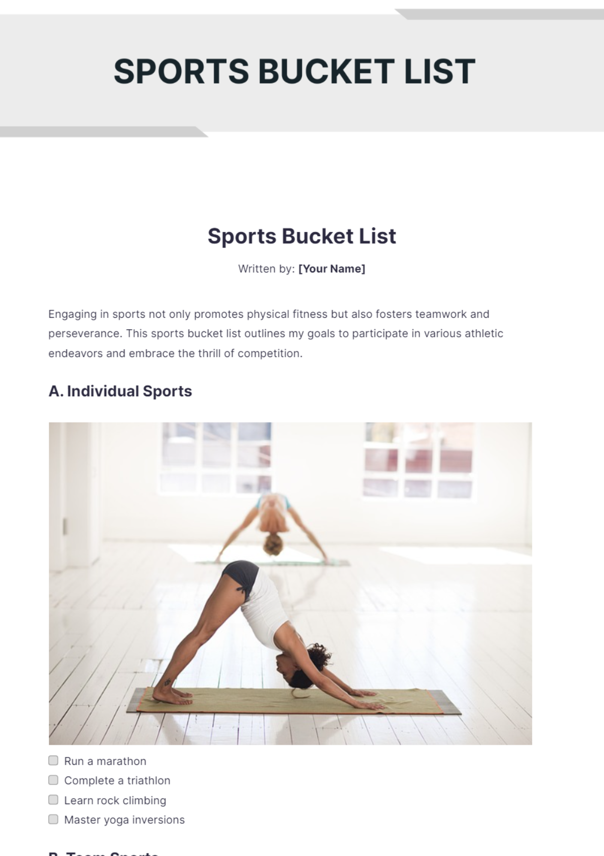 Sports Bucket List Template